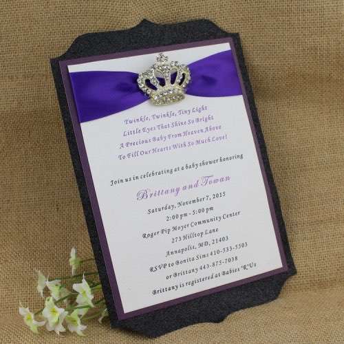 Purple Invitation Card with Crown Buckle Glitter Baby Shower Honoring Invitation